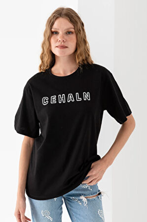 Kadın Bisiklet Yaka Baskılı Pamuklu T-Shirt Siyah - 925015