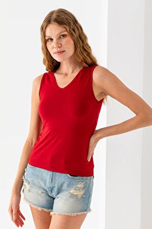 Kadın Ön Arka V Yaka Kolsuz Basic Bluz Kırmızı - 925083