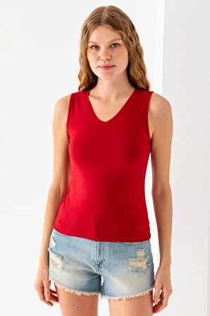 Kadın Ön Arka V Yaka Kolsuz Basic Bluz Kırmızı - 925083