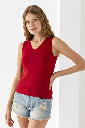 Kadın Ön Arka V Yaka Kolsuz Basic Bluz Kırmızı - 925083