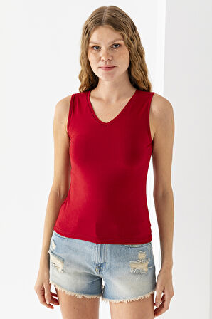 Kadın Ön Arka V Yaka Kolsuz Basic Bluz Kırmızı - 925083