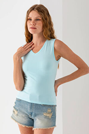 Kadın Ön Arka V Yaka Kolsuz Basic Bluz Açık Mavi - 925083