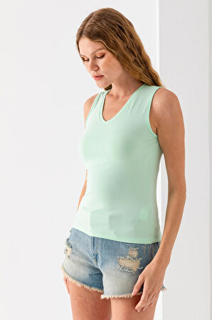 Kadın Ön Arka V Yaka Kolsuz Basic Bluz Açık Yeşil - 925083