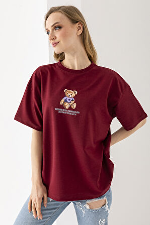 Kadın Bisiklet Yaka Ayıcık Baskılı T-Shirt Bordo - 25764