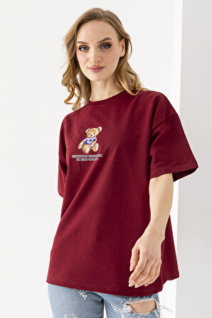 Kadın Bisiklet Yaka Ayıcık Baskılı T-Shirt Bordo - 25764