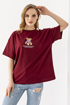 Kadın Bisiklet Yaka Ayıcık Baskılı T-Shirt Bordo - 25764