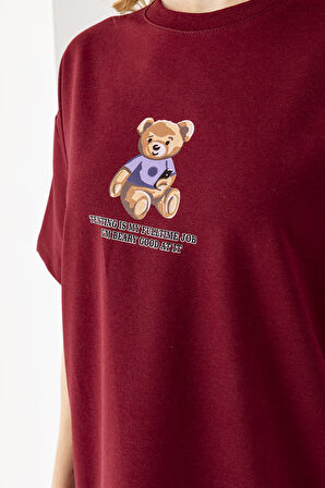Kadın Bisiklet Yaka Ayıcık Baskılı T-Shirt Bordo - 25764