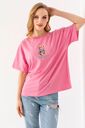 Kadın Bisiklet Yaka Ayıcık Baskılı T-Shirt Pembe - 25764
