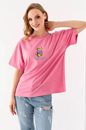 Kadın Bisiklet Yaka Ayıcık Baskılı T-Shirt Pembe - 25764