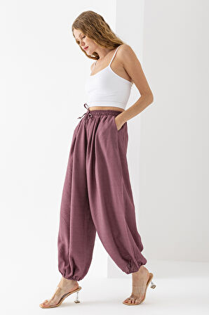 Kadın Beli Ayarlanabilir Çift Cepli Şalvar Pantolon Mürdüm - 4007