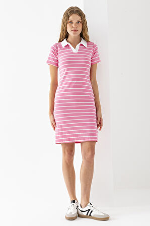 Kadın Polo Yaka Kısa Kollu Çizgili Elbise Pembe Beyaz - 25538