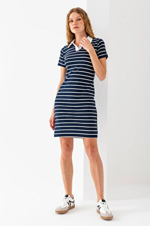 Kadın Polo Yaka Kısa Kollu Çizgili Elbise Lacivert Beyaz - 25538