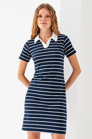 Kadın Polo Yaka Kısa Kollu Çizgili Elbise Lacivert Beyaz - 25538