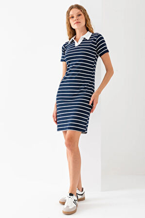Kadın Polo Yaka Kısa Kollu Çizgili Elbise Lacivert Beyaz - 25538
