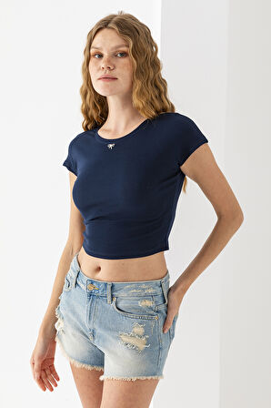 Kadın Bisiklet Yaka Fiyonk Aksesuarlı Crop T-Shirt Lacivert - 25805