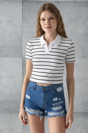 Kadın Polo Yaka Çizgili Pamuklu T-Shirt Beyaz Siyah - 25795