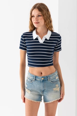 Kadın Polo Yaka Çizgili Pamuklu T-Shirt Lacivert Beyaz - 25795