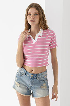 Kadın Polo Yaka Çizgili Pamuklu T-Shirt Pembe Beyaz - 25795