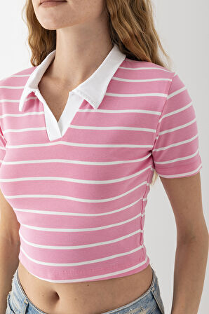 Kadın Polo Yaka Çizgili Pamuklu T-Shirt Pembe Beyaz - 25795