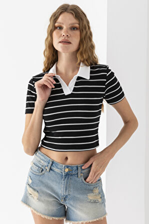 Kadın Polo Yaka Çizgili Pamuklu T-Shirt Siyah Beyaz - 25795