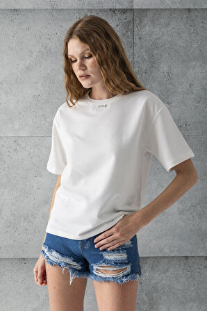 Kadın Bisiklet Yaka Kroche Aksesuarlı T-Shirt Beyaz - 25779