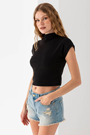 Kadın Dik Yaka Pamuklu Basic T-Shirt Siyah - 25872