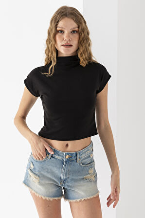 Kadın Dik Yaka Pamuklu Basic T-Shirt Siyah - 25872