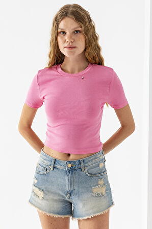 Kadın Bisiklet Yaka A Aksesuarlı Crop T-Shirt Pembe - 25792