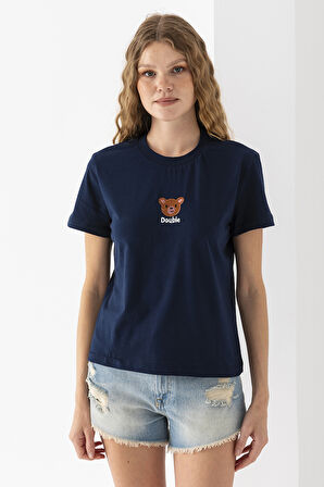 Kadın Bisiklet Yaka Ayıcık Nakışlı %100 Pamuklu T-Shirt Lacivert - 25786