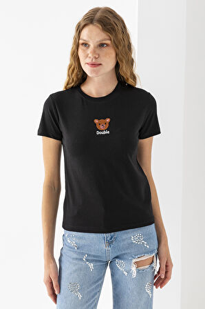 Kadın Bisiklet Yaka Ayıcık Nakışlı %100 Pamuklu T-Shirt Siyah - 25786