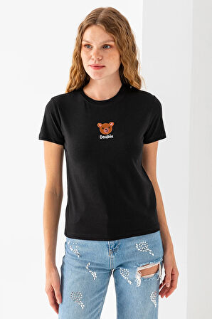 Kadın Bisiklet Yaka Ayıcık Nakışlı %100 Pamuklu T-Shirt Siyah - 25786