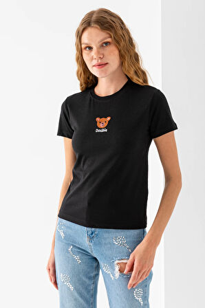 Kadın Bisiklet Yaka Ayıcık Nakışlı %100 Pamuklu T-Shirt Siyah - 25786