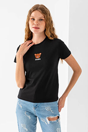 Kadın Bisiklet Yaka Ayıcık Nakışlı %100 Pamuklu T-Shirt Siyah - 25786