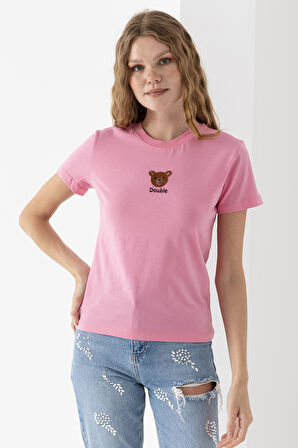 Kadın Bisiklet Yaka Ayıcık Nakışlı %100 Pamuklu T-Shirt Pembe - 25786