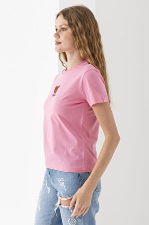 Kadın Bisiklet Yaka Ayıcık Nakışlı %100 Pamuklu T-Shirt Pembe - 25786