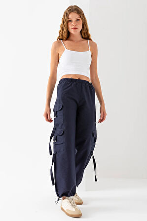 Kadın Beli ve Paçası Stoperli Kargo Cep Paraşüt Pantolon Lacivert - 25664