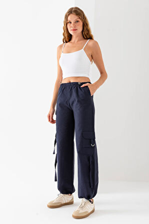 Kadın Beli ve Paçası Stoperli Kargo Cep Paraşüt Pantolon Lacivert - 25664