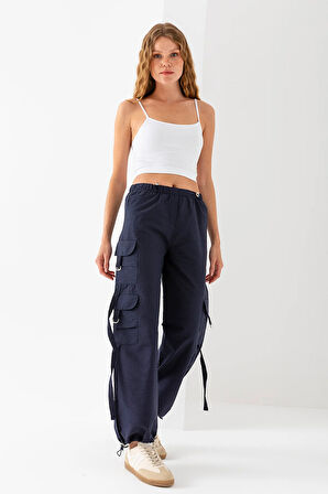 Kadın Beli ve Paçası Stoperli Kargo Cep Paraşüt Pantolon Lacivert - 25664