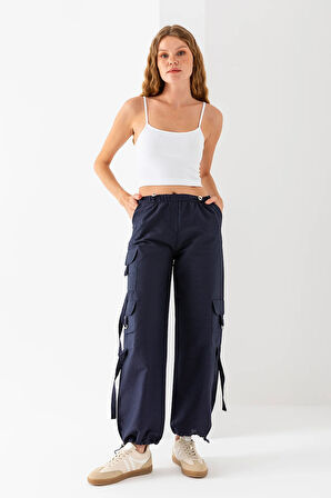 Kadın Beli ve Paçası Stoperli Kargo Cep Paraşüt Pantolon Lacivert - 25664