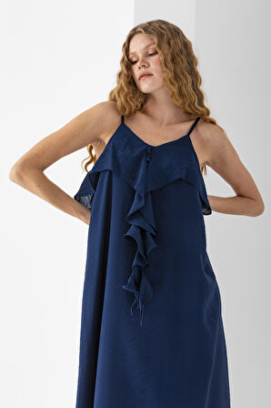 Kadın İp Askılı Önü Fırfırlı Astarlı Elbise Lacivert - 3004