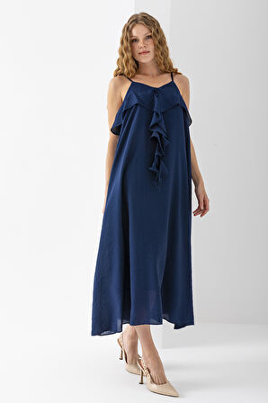 Kadın İp Askılı Önü Fırfırlı Astarlı Elbise Lacivert - 3004