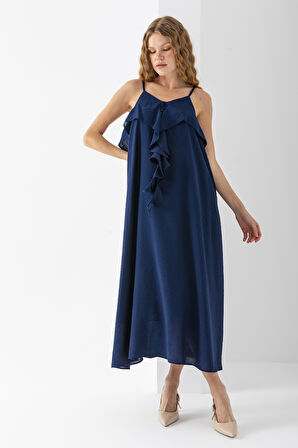 Kadın İp Askılı Önü Fırfırlı Astarlı Elbise Lacivert - 3004