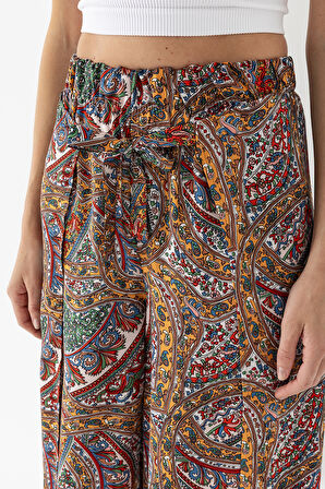 Kadın Beli Lastikli İçi Şortlu Yırtmaçlı Şalvar Pantolon Hardal - F394