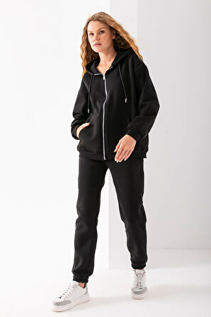 Kadın Fermuarlı Sweatshirt Siyah Şardonlu Oversize Kapüşonlu Hoodie - 9015 - 264401