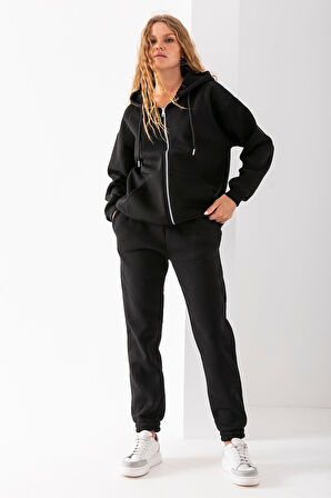 Kadın Fermuarlı Sweatshirt Siyah Şardonlu Oversize Kapüşonlu Hoodie - 9015 - 264401