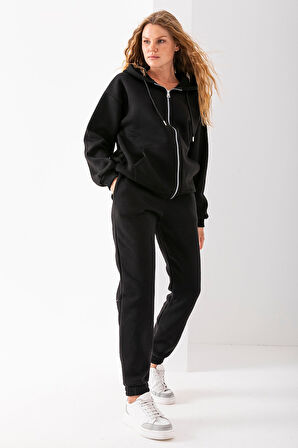 Kadın Fermuarlı Sweatshirt Siyah Şardonlu Oversize Kapüşonlu Hoodie - 9015 - 264401