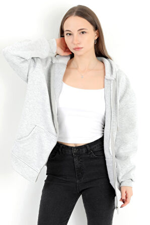 Kadın Karmelanj Fermuarlı Şardonlu Kapüşonlu Oversize Sweatshirt - 9015 - 264401