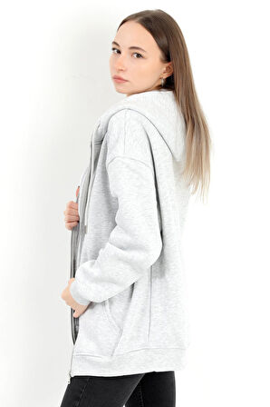 Kadın Karmelanj Fermuarlı Şardonlu Kapüşonlu Oversize Sweatshirt - 9015 - 264401