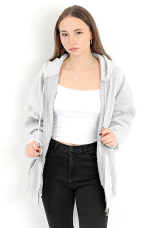Kadın Karmelanj Fermuarlı Şardonlu Kapüşonlu Oversize Sweatshirt - 9015 - 264401