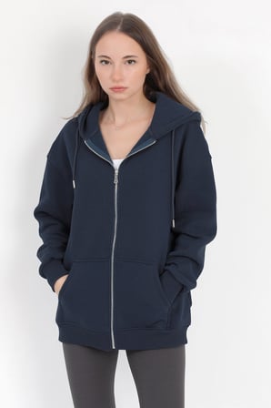 Kadın Indigo Fermuarlı Şardonlu Kapüşonlu Oversize Sweatshirt - 9015 - 264401